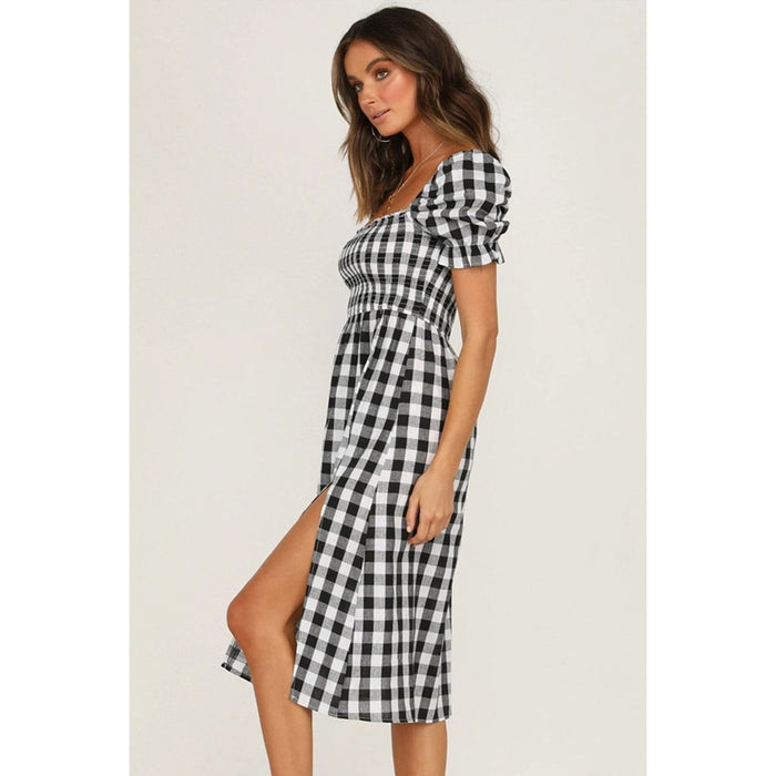 Full Size Slit Plaid Short Sleeve Midi Dress