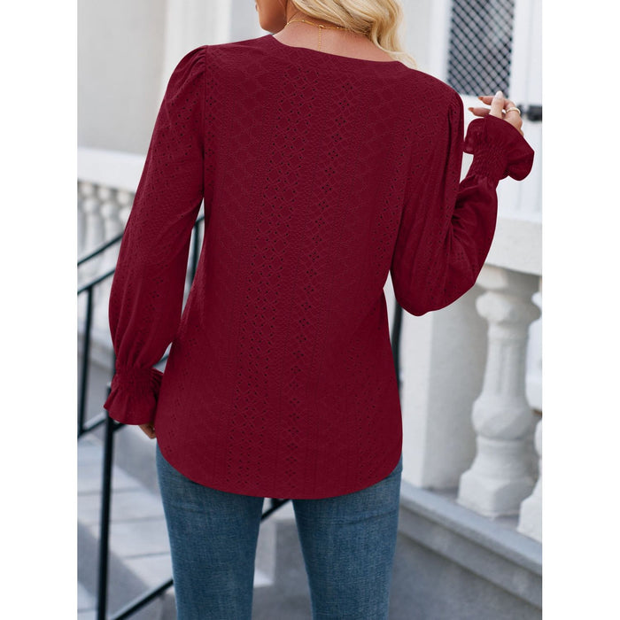 Eyelet Notched Flounce Sleeve Blouse