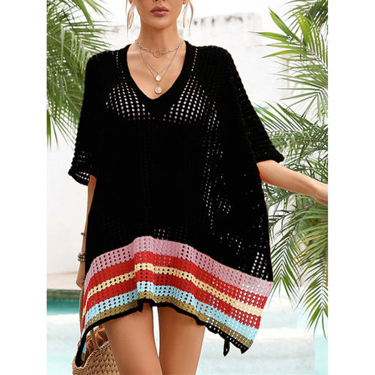 Slit Openwork V-Neck Half Sleeve Cover-Up