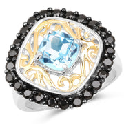 Bids.com Two Tone Plated 2.85 Carat Genuine Swiss Blue Topaz and Black Spinel .925 Sterling Silver Ring Rings
