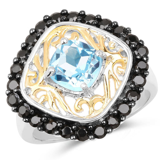 Bids.com Two Tone Plated 2.85 Carat Genuine Swiss Blue Topaz and Black Spinel .925 Sterling Silver Ring Rings