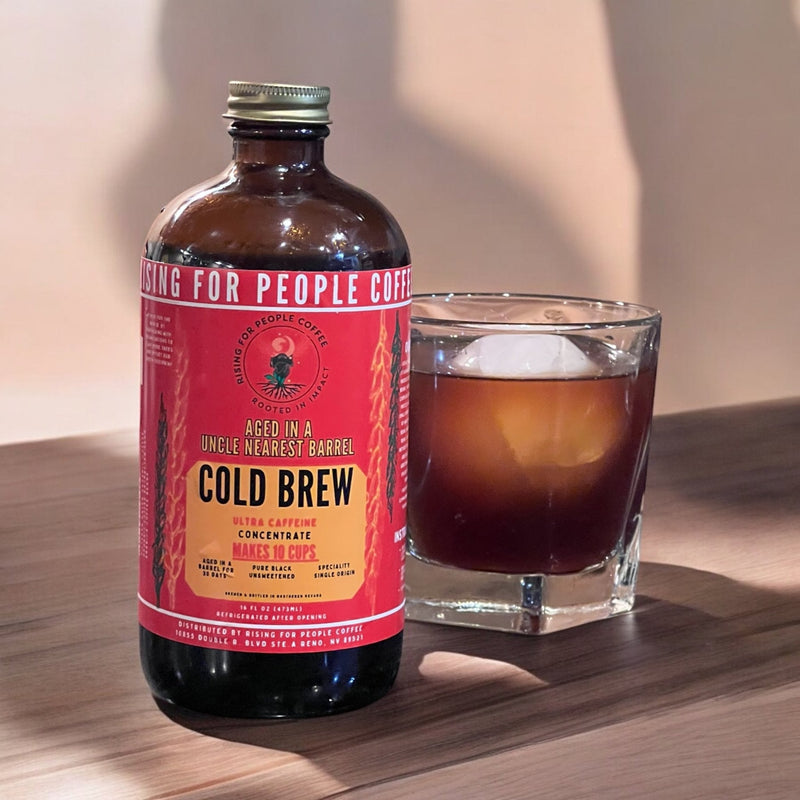 Rising For People Coffee Co. Aged Whiskey Barrel Concentrated Cold Brew Coffee Coffee