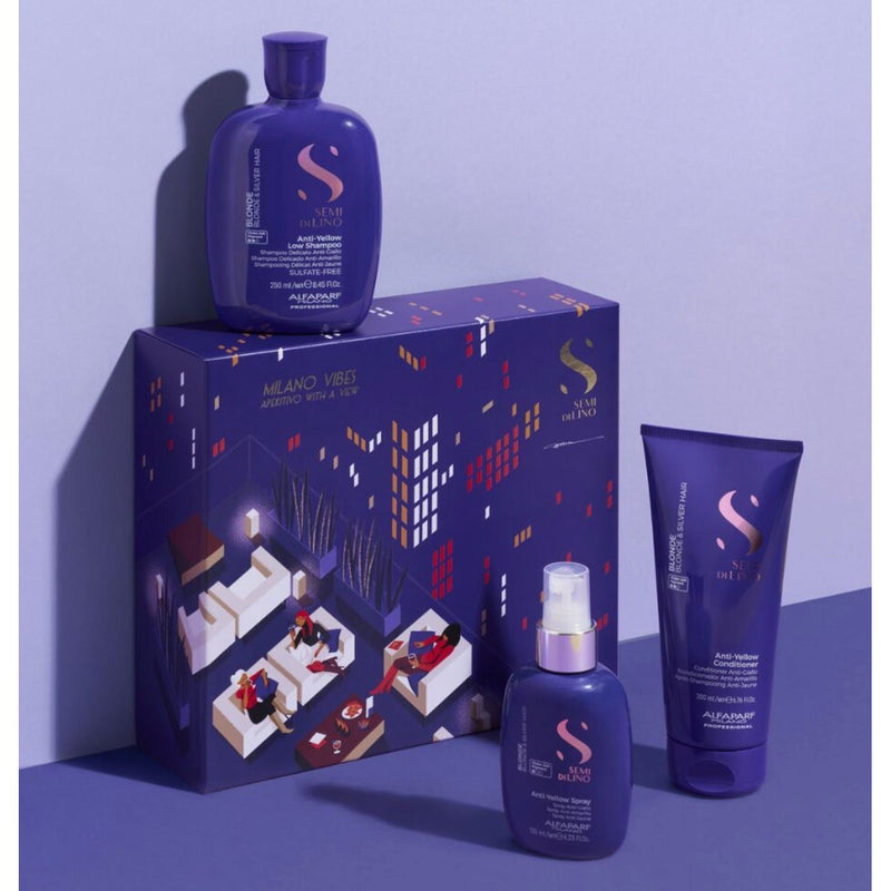 VIP Extensions Alfaparf Milano Semi Di Lino Gift Set for Blonde and Silver Hair - Anti-Yellow Sulfate Free Shampoo, Conditioner and Leave-In Spray Toner - Neutralizes Unwanted Yellow Tones