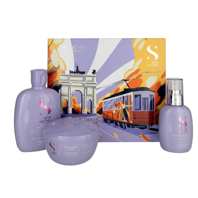VIP Extensions Alfaparf Milano Semi Di Lino Smooth Gift Set for Rebel and Frizzy Hair - Sulfate Free Shampoo, Hair Mask and Smoothing Cream - Anti Frizz Control Hair Care