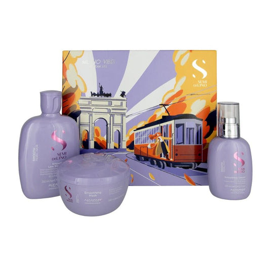 VIP Extensions Alfaparf Milano Semi Di Lino Smooth Gift Set for Rebel and Frizzy Hair - Sulfate Free Shampoo, Hair Mask and Smoothing Cream - Anti Frizz Control Hair Care Kit White Smoke