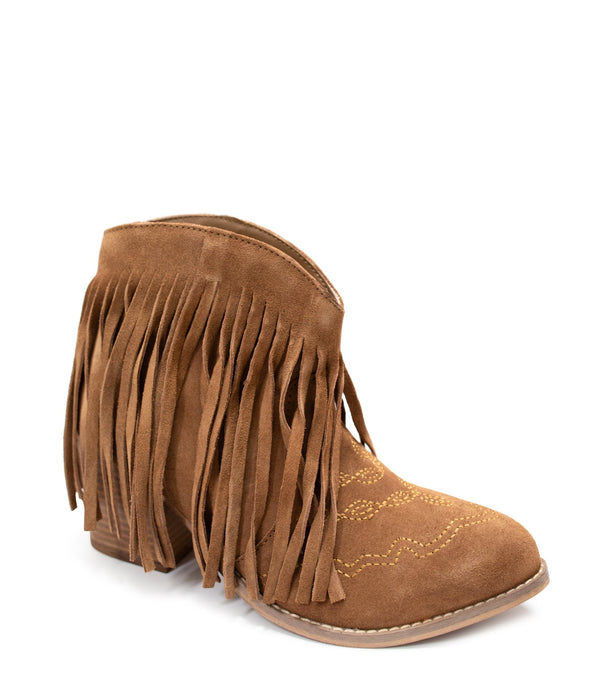 Fringe Ankle Bootie in Tan Suede