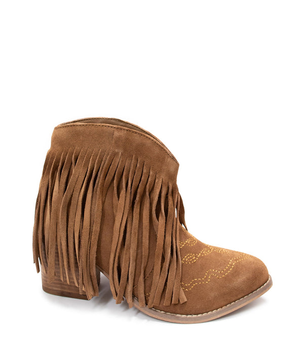 Fringe Ankle Bootie in Tan Suede