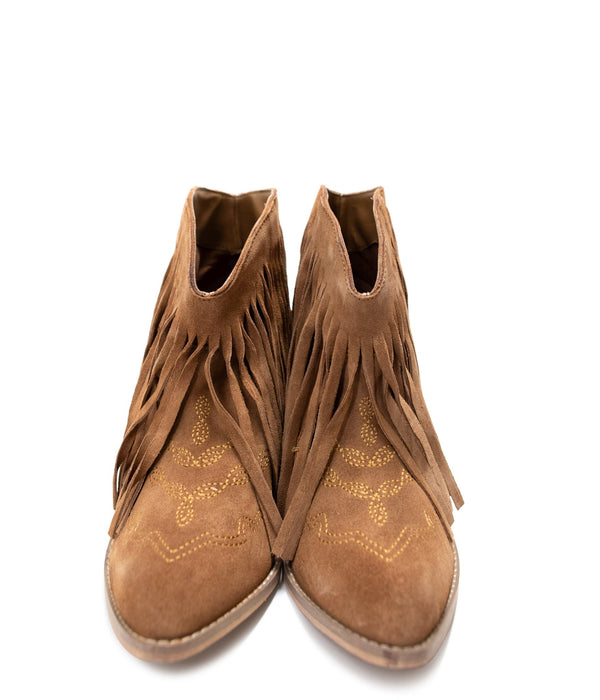 Fringe Ankle Bootie in Tan Suede