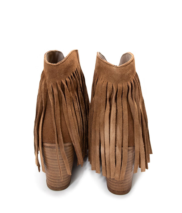 Fringe Ankle Bootie in Tan Suede