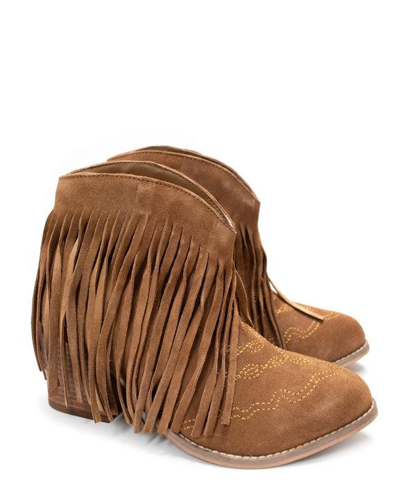 Fringe Ankle Bootie in Tan Suede