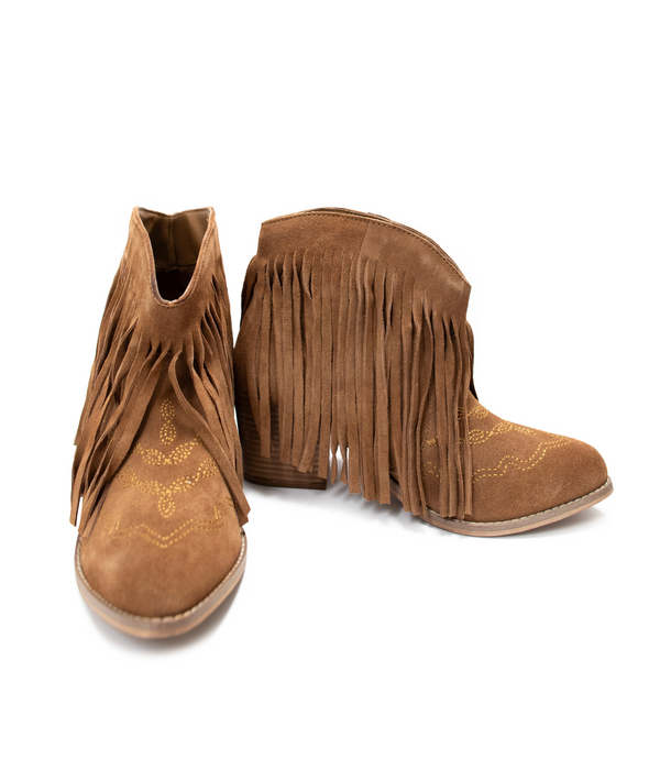 Fringe Ankle Bootie in Tan Suede