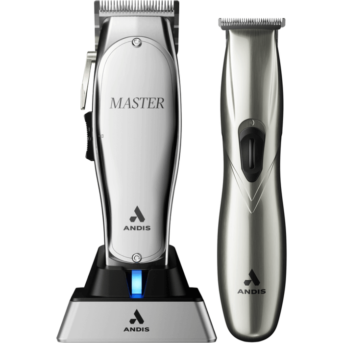 Andis Professional Master Cordless Clipper Lithium Ion Adjustable Blade #12660 & Slimline Pro Li Cordless T-Blade Hair Trimmer D-8 Chrome #32810