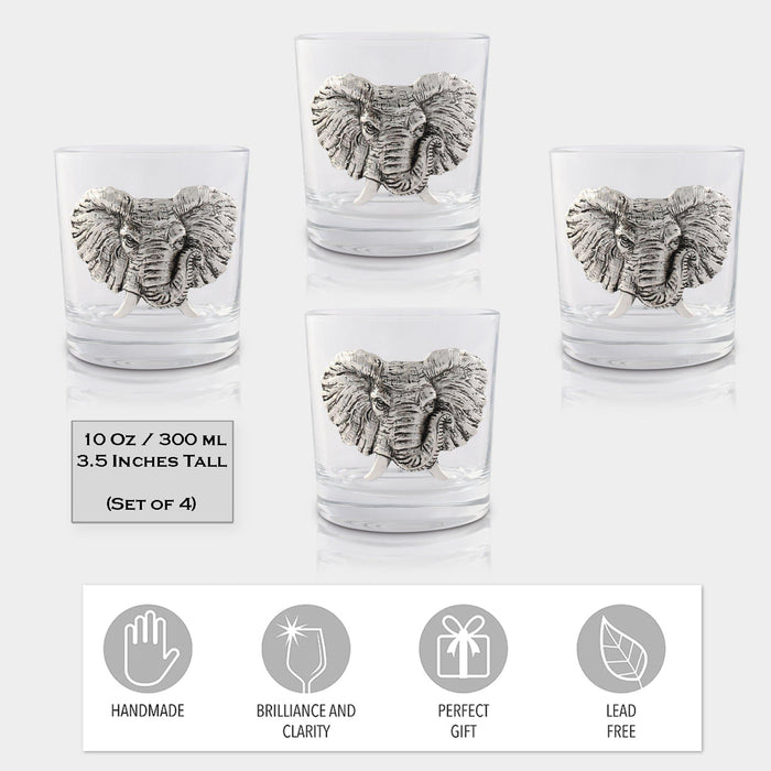 Bar Glasses Set of 4 with Metal Elephant