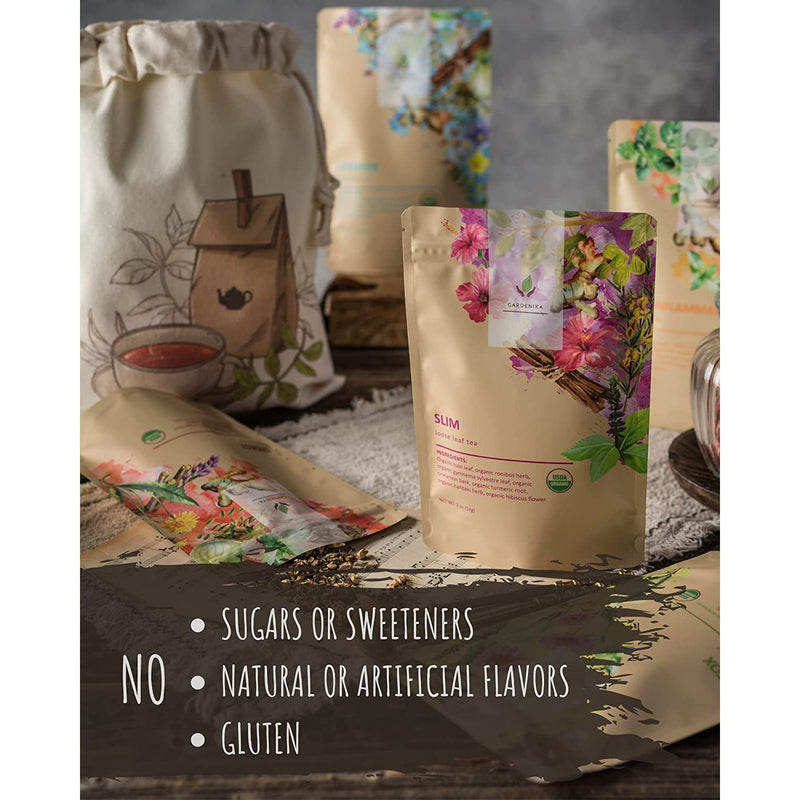 Gardenika Shop Organic Loose Leaf Tea Sampler, Caffeine-Free Herbal Assortment, 120+ Cups – 5 Pack Loose Leaf Tea Sampler