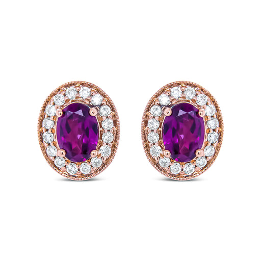 Bids.com 14K Rose Gold 7x5mm Oval Cut Garnet and 3/8 Cttw Round Diamond Halo Stud Earrings (G-H Color, SI1-SI2 Clarity) Earrings