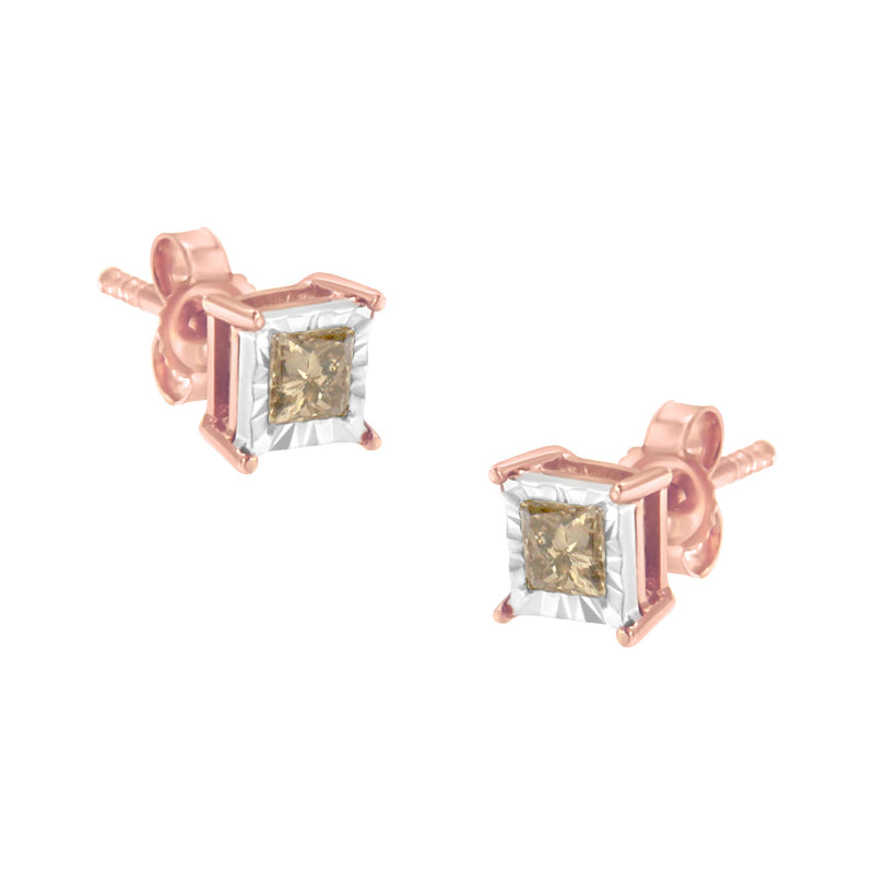 Bids.com 14K Rose Gold Plated Two-Tone .925 Sterling Silver 1/2 Cttw Princess-Cut Square Diamond Solitaire Miracle-Plate Stud Earrings (K-L Color, I2-I3 Clarity) Earrings