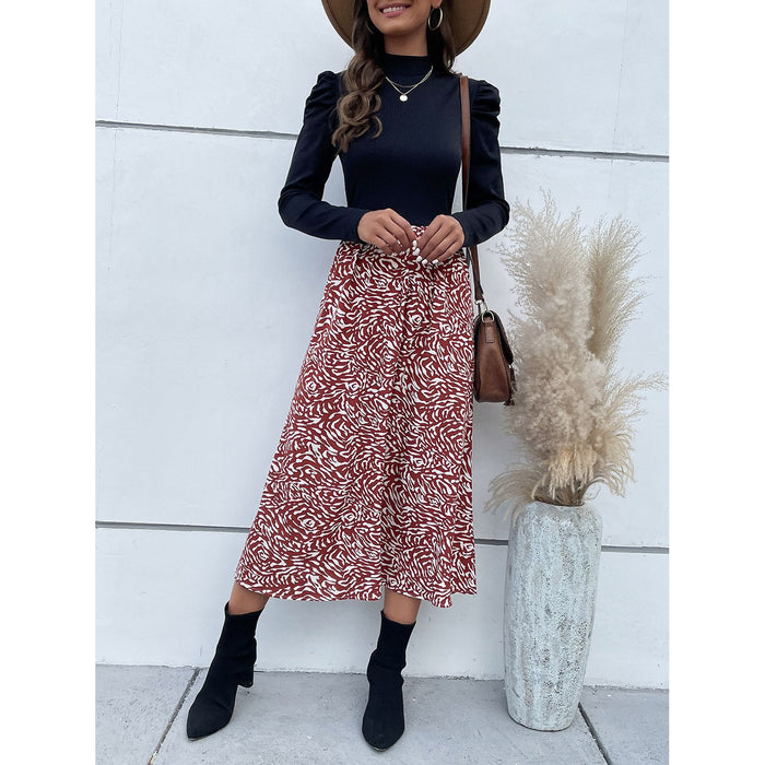 Printed Mock Neck Puff Sleeve Midi Dress