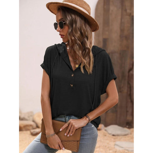 Half Button Hooded Short Sleeve Blouse