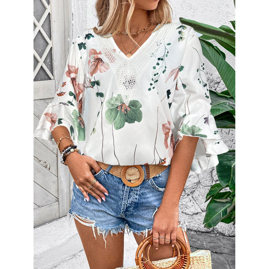 Ruffled Printed V-Neck Half Sleeve Blouse