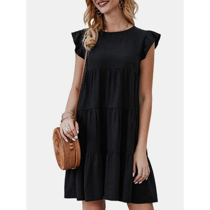 Ruffled Round Neck Cap Sleeve Mini Dress