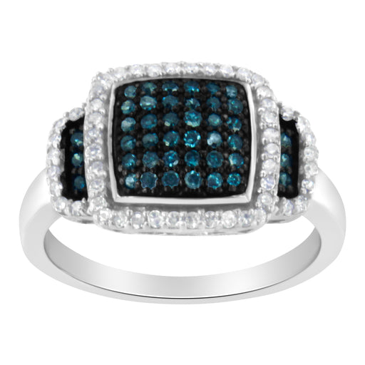 Bids.com Black Rhodium Plated .925 Sterling Silver 1/2 Cttw White & Blue Diamond Square Halo Cocktail Ring (Fancy Blue & H-I Color, I2-I3 Clarity) - SIze 6 Rings