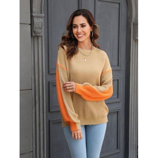 Contrast Round Neck Dropped Shoulder Sweater