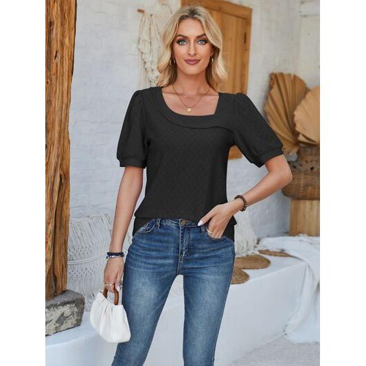 Eyelet Asymmetrical Neck Short Sleeve T-Shirt