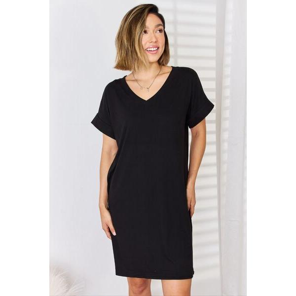 Zenana | Rolled Short Sleeve V-Neck Dress in Black