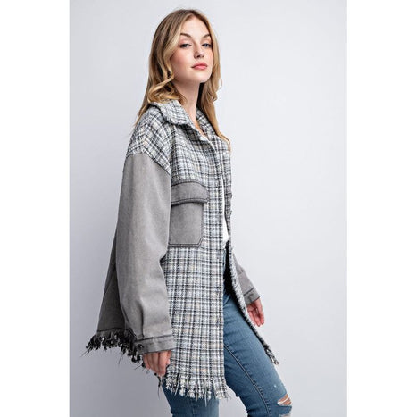 TWEED MIXED DENIM JACKET SHACKET WITH FRINGED HEM