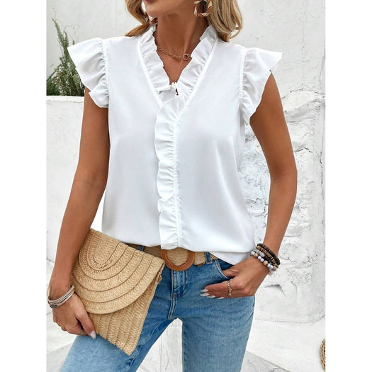 Ruffled V-Neck Cap Sleeve Blouse