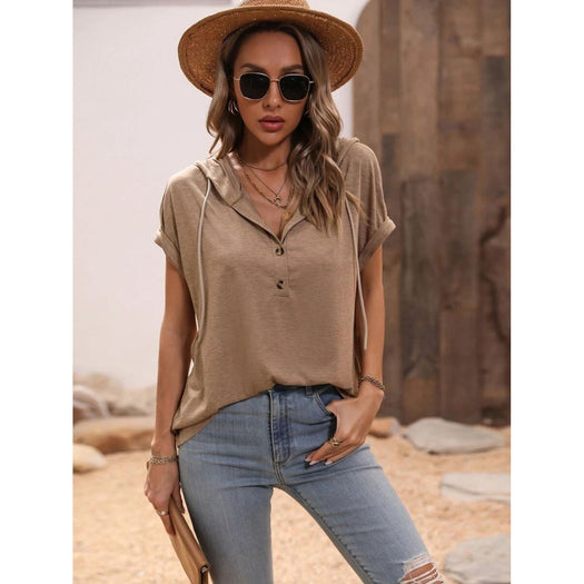 Half Button Hooded Short Sleeve Blouse