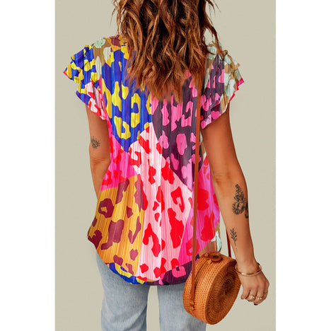 Ruffled Printed Tie Neck Cap Sleeve Blouse