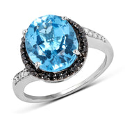Bids.com 5.48 Carat Genuine Swiss Blue Topaz, Black Diamond and White Diamond .925 Sterling Silver Ring Rings