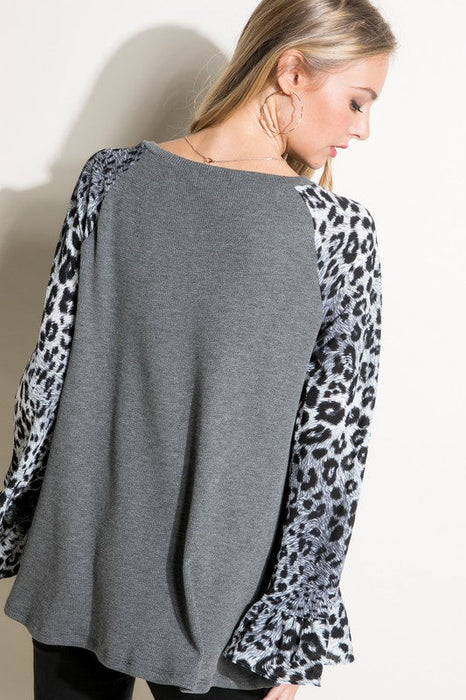 Plus Solid Cheetah Mixed Blouse Top