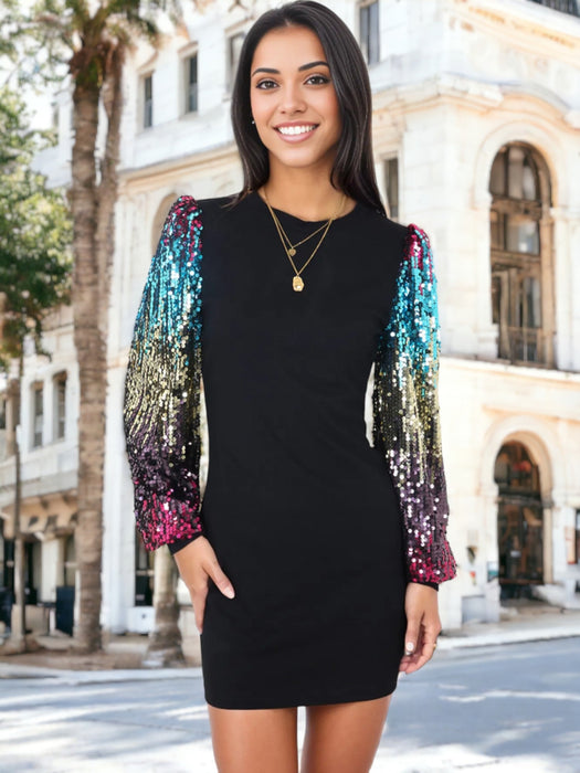 Confetti Sequin Bishop Long Sleeve Round Neck Pullover Dress by Anna-Kaci