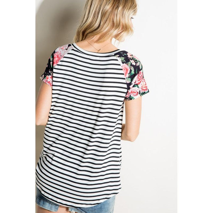 STRIPE FLORAL MIX SHORT SLEEVE TOP