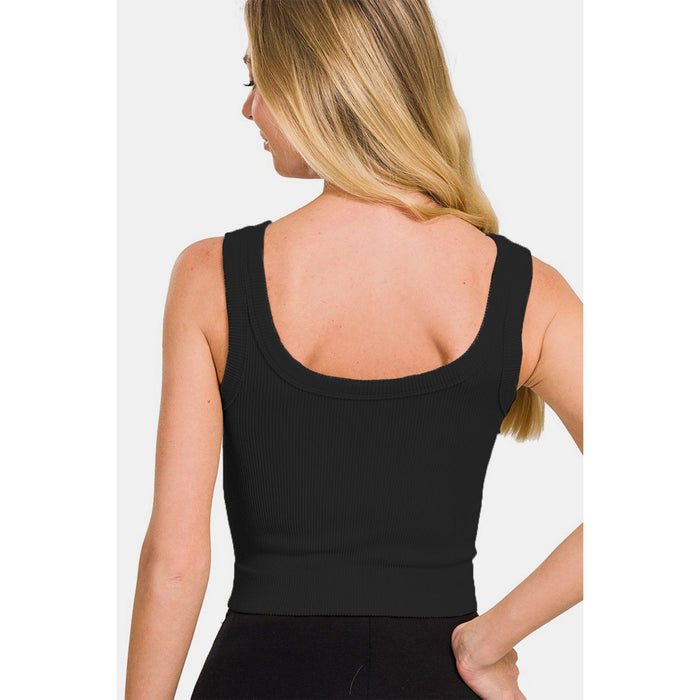 Ribbed Round Neck Cropped Tank Top in Black