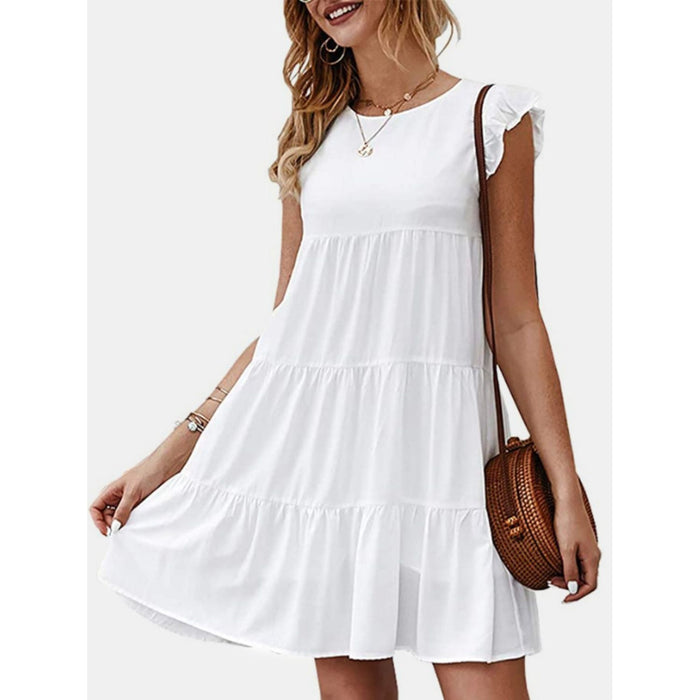 Ruffled Round Neck Cap Sleeve Mini Dress