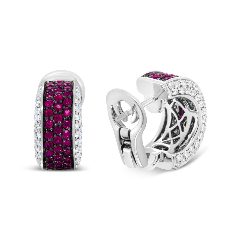Bids.com 18K White Gold and Black Rhodium Plated 3/4 Cttw Round Diamonds and 1mm Round Red Ruby Huggie Hoop Earrings (F-G Color, VS1-VS2 Clarity) Earrings