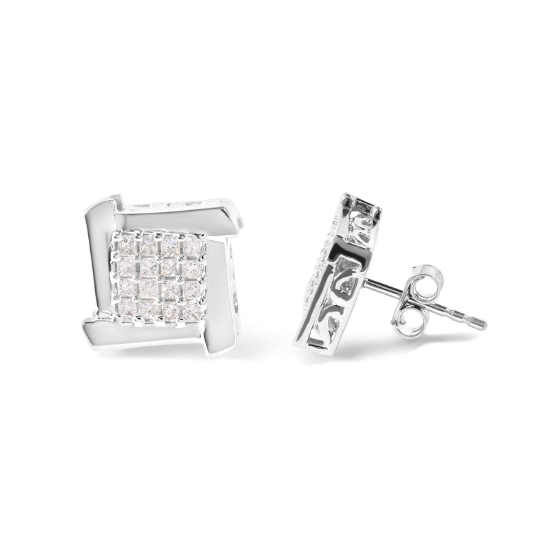 Bids.com 10K White Gold 1/2 Cttw Composite  Princess Diamond Square and Swirl Stud Earrings (I-J Color, I1-I2 Clarity) Earrings