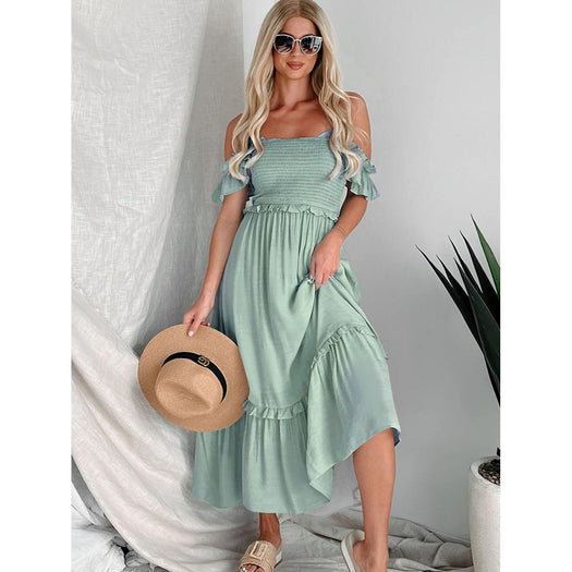 Frill Smocked Off-Shoulder Ruffle Sleeve Dress