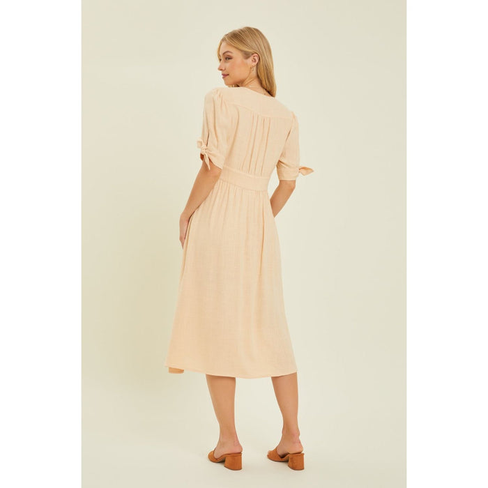 HEYSON Textured Linen V-Neck Button-Down Midi Dress