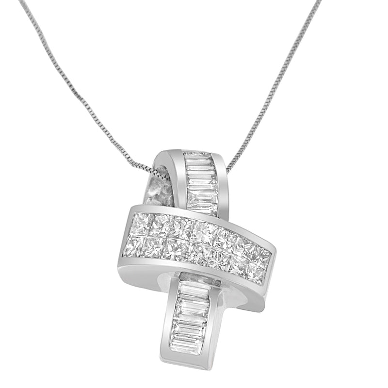 Bids.com 14K White Gold 2 cttw Princess and Baguette Cut Diamond Ribbon Pendant Necklace (H-I, SI-SI2) Necklaces