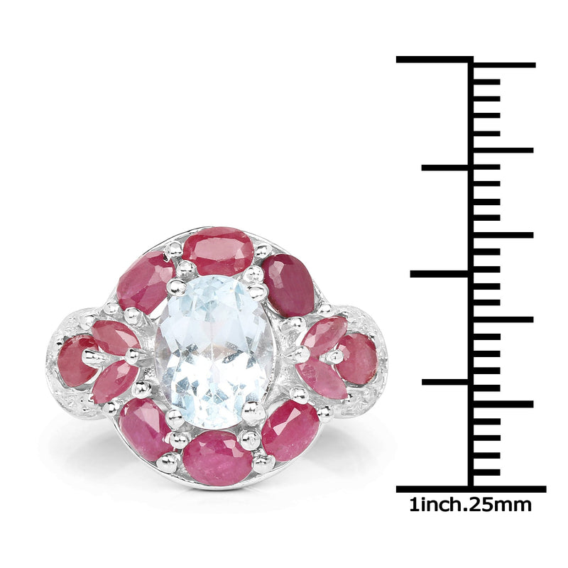 Bids.com 3.54 Carat Genuine Aquamarine, Ruby and White Topaz .925 Sterling Silver Ring Rings