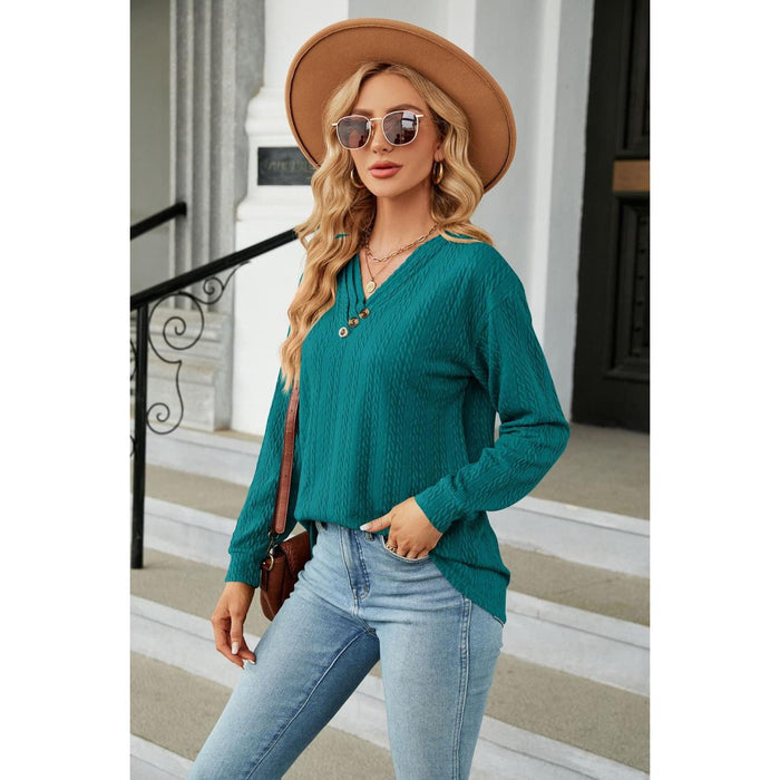 Decorative Button V-Neck Long Sleeve T-Shirt