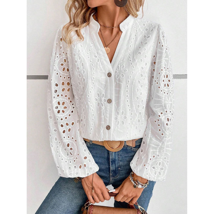 Cutout Notched Long Sleeve Blouse