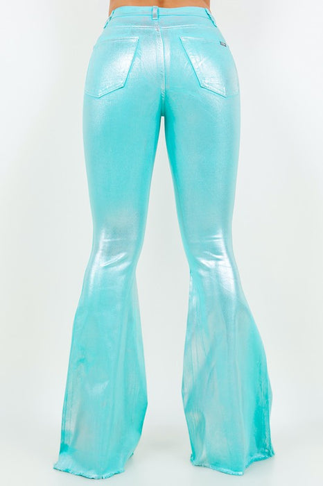 Metallic Bell Bottom Jean in Turquoise - Inseam 32