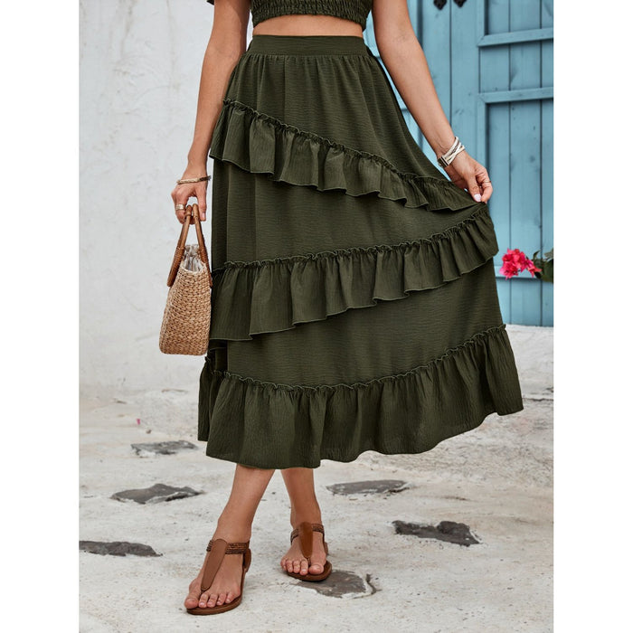 Ruffled Elastic Waist Midi Skirt