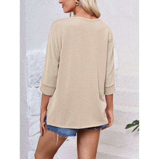 Textured Round Neck Three-Quarter Sleeve Blouse