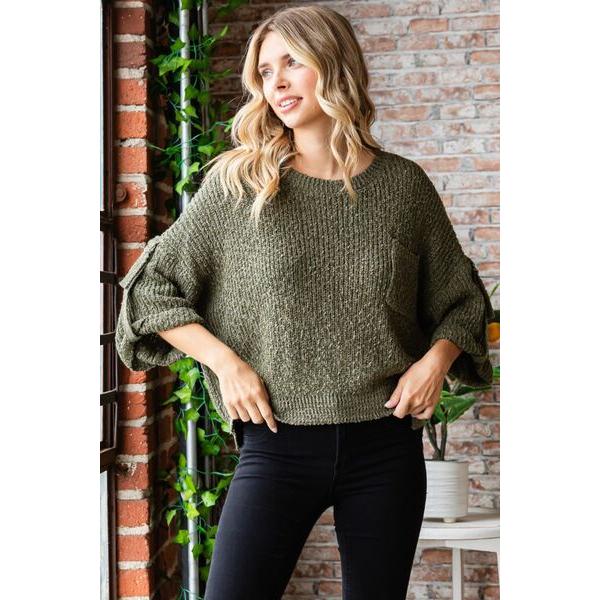 Veveret Round Neck Roll-Up Sweater